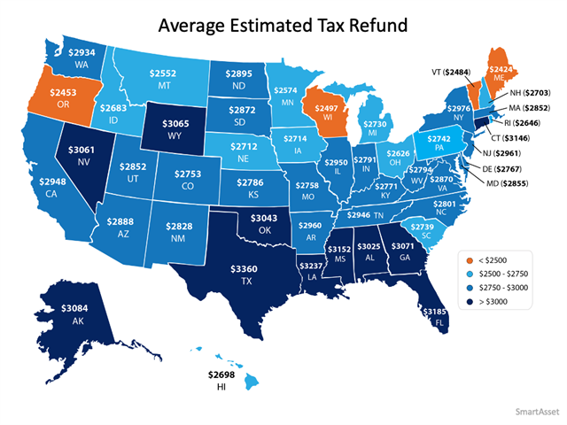 Map of US Average Estimated Tax Refund