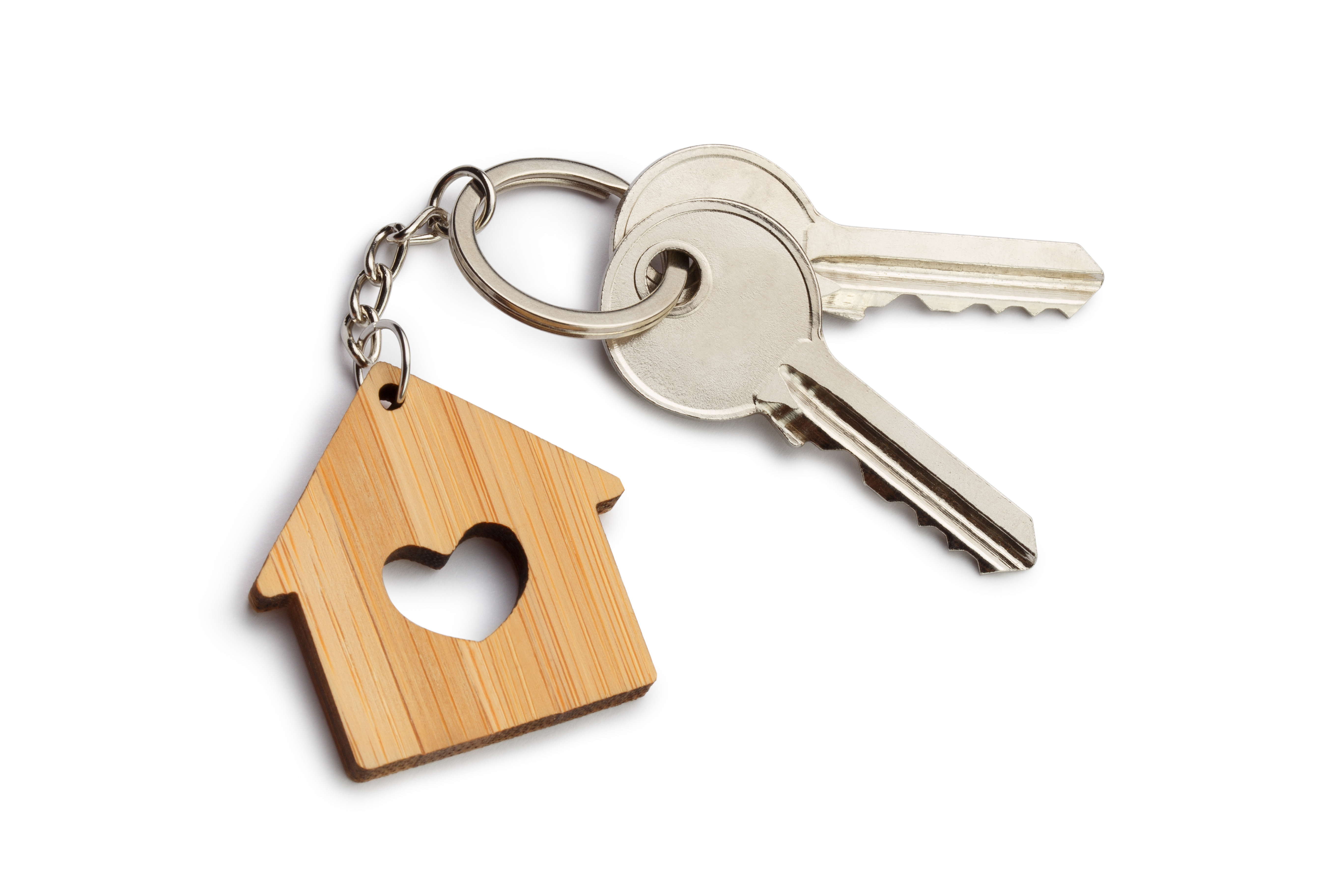 house-shaped Keychain with a heart cut out of it with two keys