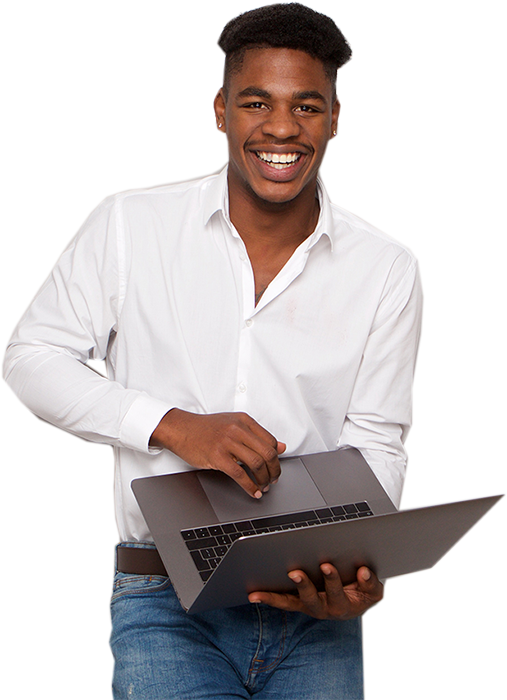 African American man holding a laptop and smiling