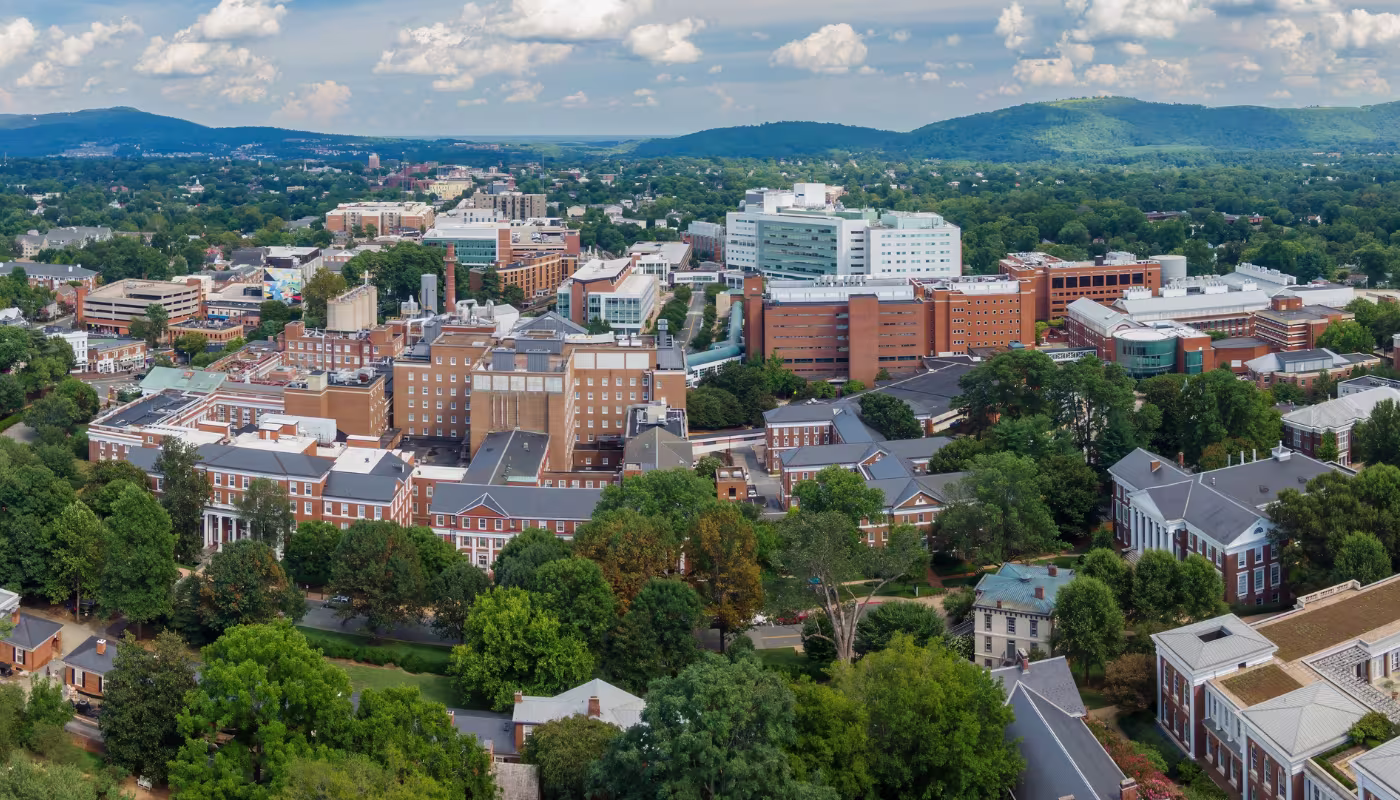 Downtown Charlottesville city skyline, Virginia, United States.