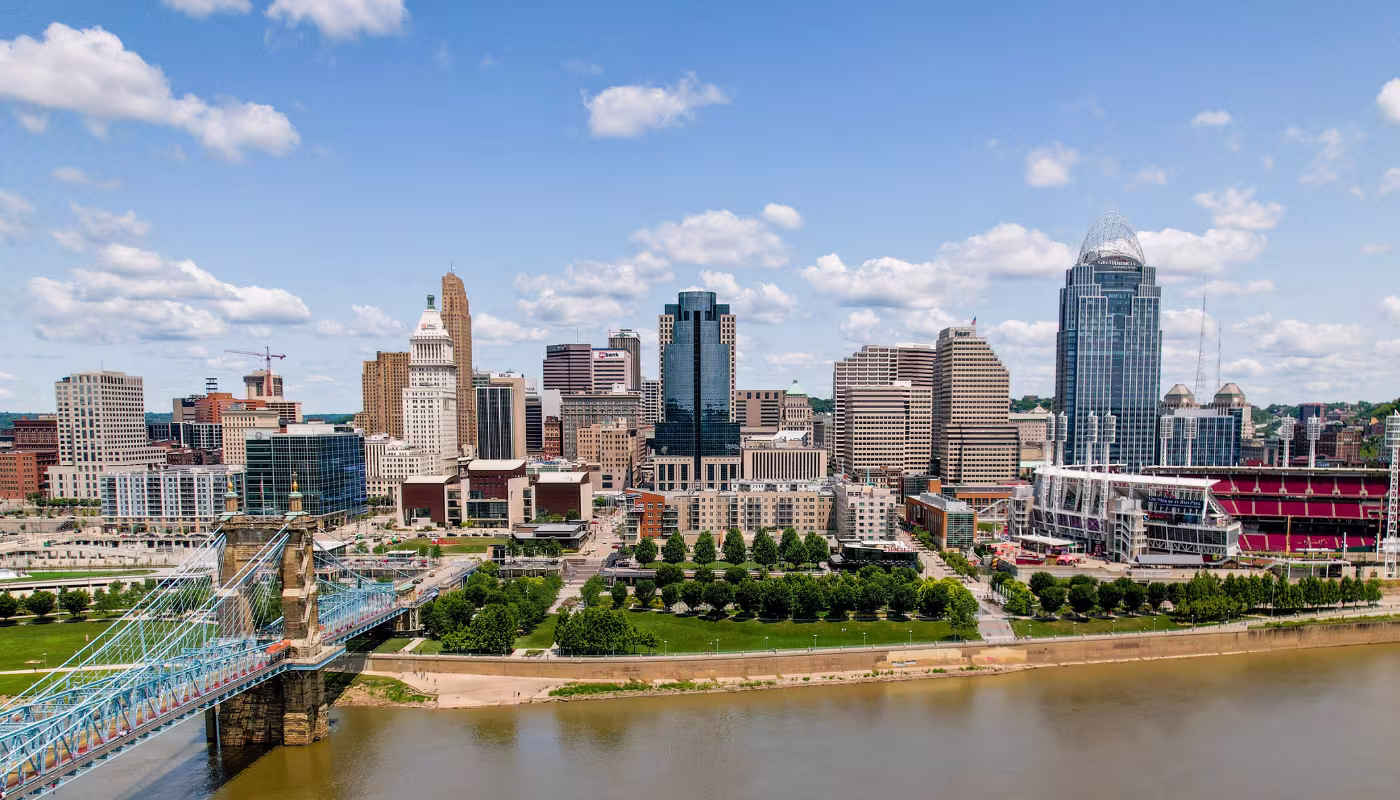 Aerial view of Cincinnati, Ohio riverfront