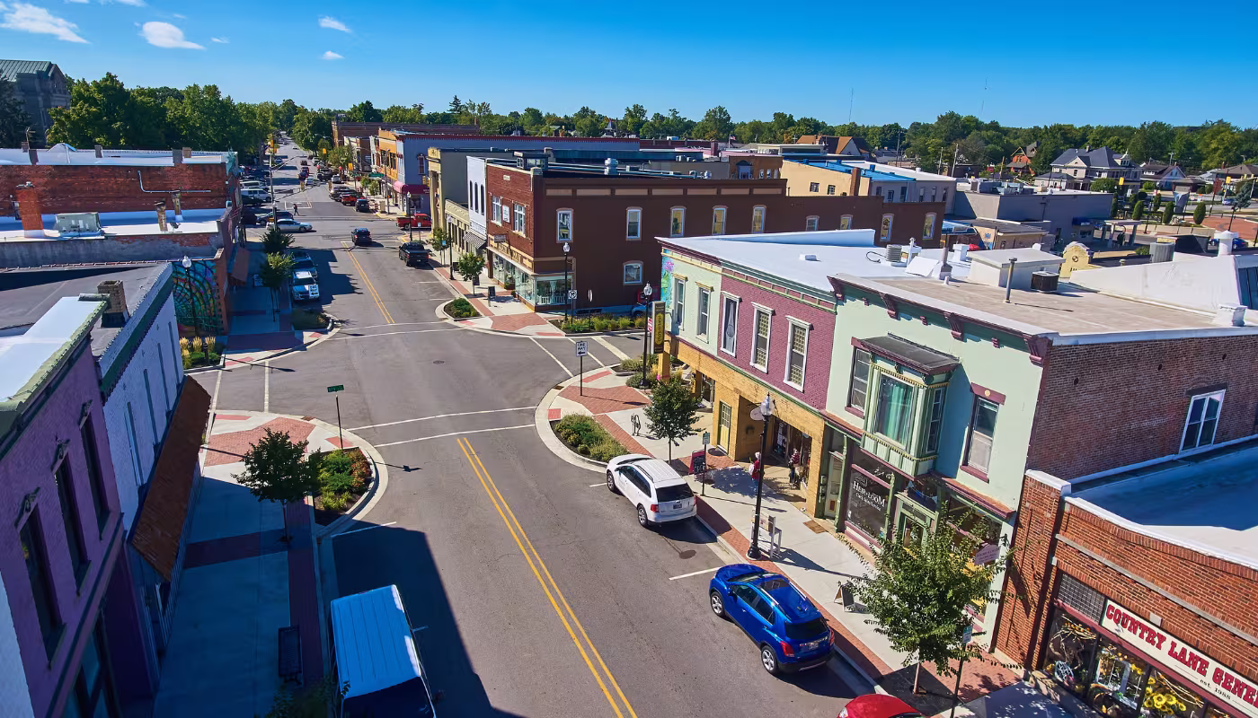 Aerial of Downtown Auburn, Indiana 2021