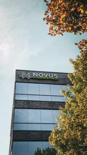 image of Brookfield office, tall high rise building with all windows, that says Novus