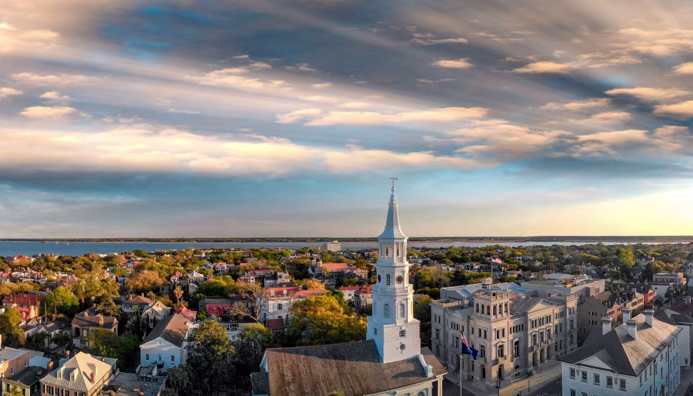 Skyline of Charleston at sunset, aerial view of South Carolina