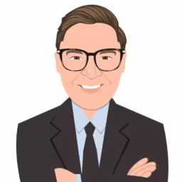 cartoon drawing of David Boatright, wearing a black suit