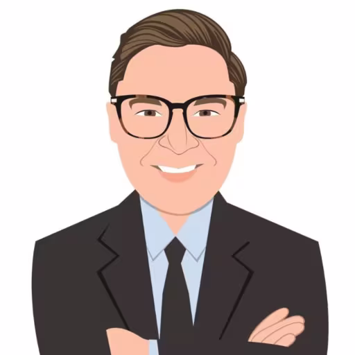 cartoon drawing of David Boatright, wearing a black suit