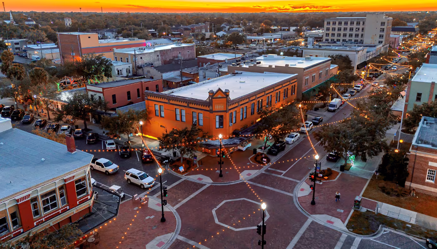 Aerial View of Sunset at Historic Downtown Sanford in Christmas time from a Drone, Sanford, Florida, USA.