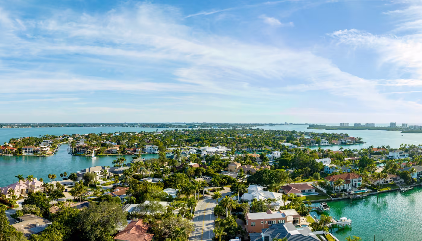 Aerial panorama photo luxury homes in Bird Key Sarasota Florida USA