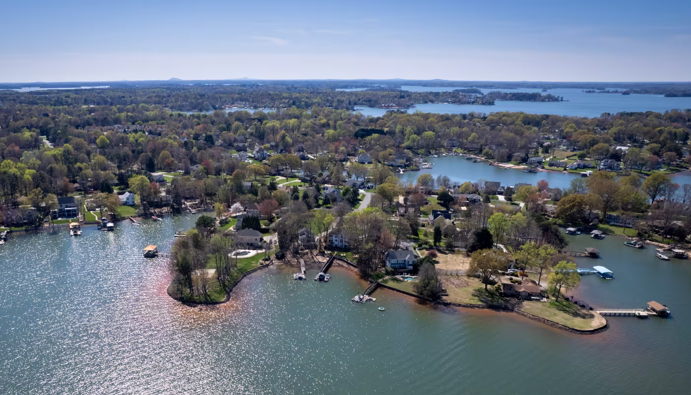 Residential area of Lake Norman from sky over Davidson, North Carolina