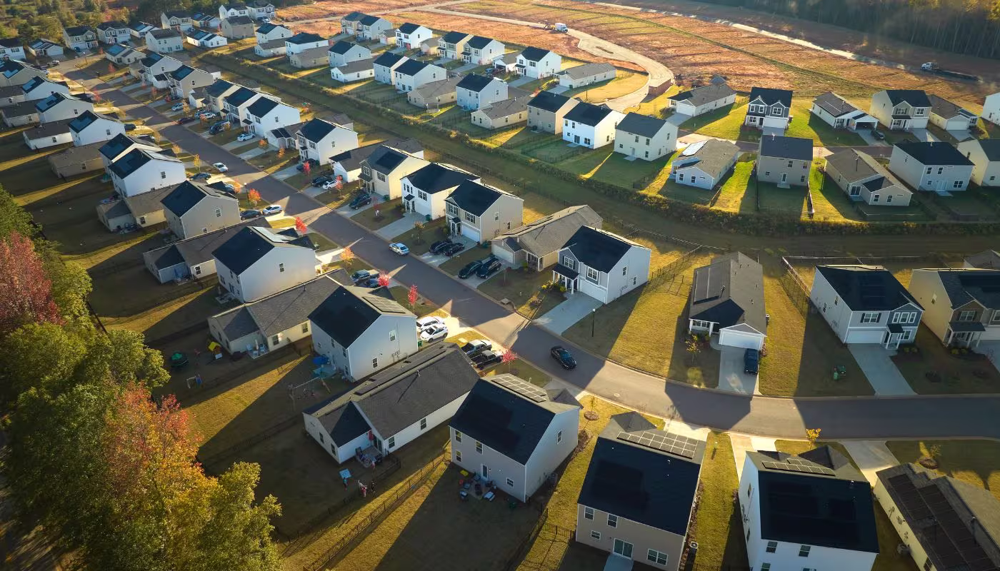 Aerial view of tightly packed homes in South Carolina residential area. New family houses as example of real estate development in american suburbs