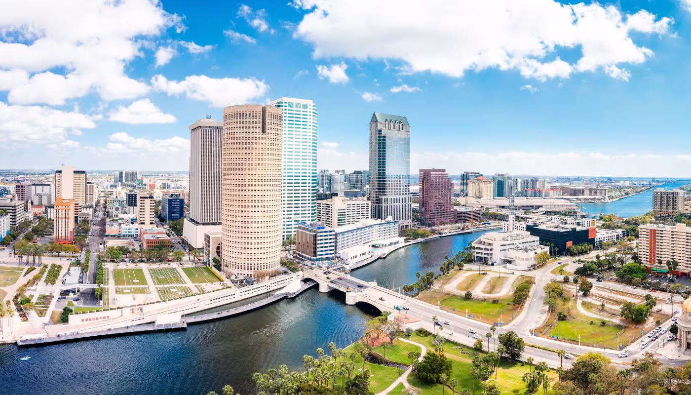 Aerial panorama of Tampa, Florida skyline. Tampa is a city on the Gulf Coast of the U.S. state of Florida.