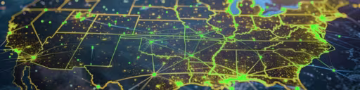 image of the United States map, with bright green dots on the map, and bright green outline for each state