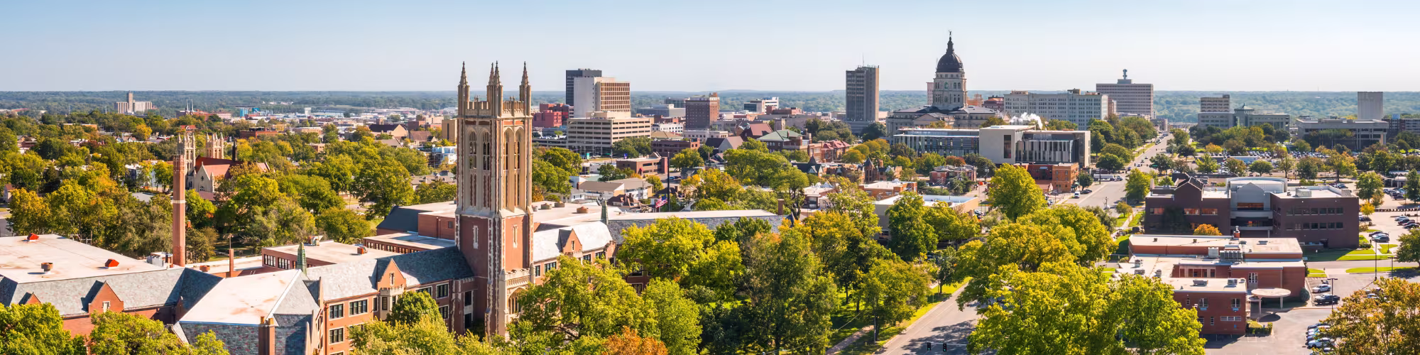 Aerial panorama of Topeka, Kansas along the 10th Avenue. Topeka is the capital city of the U.S. state of Kansas and the county seat of Shawnee County